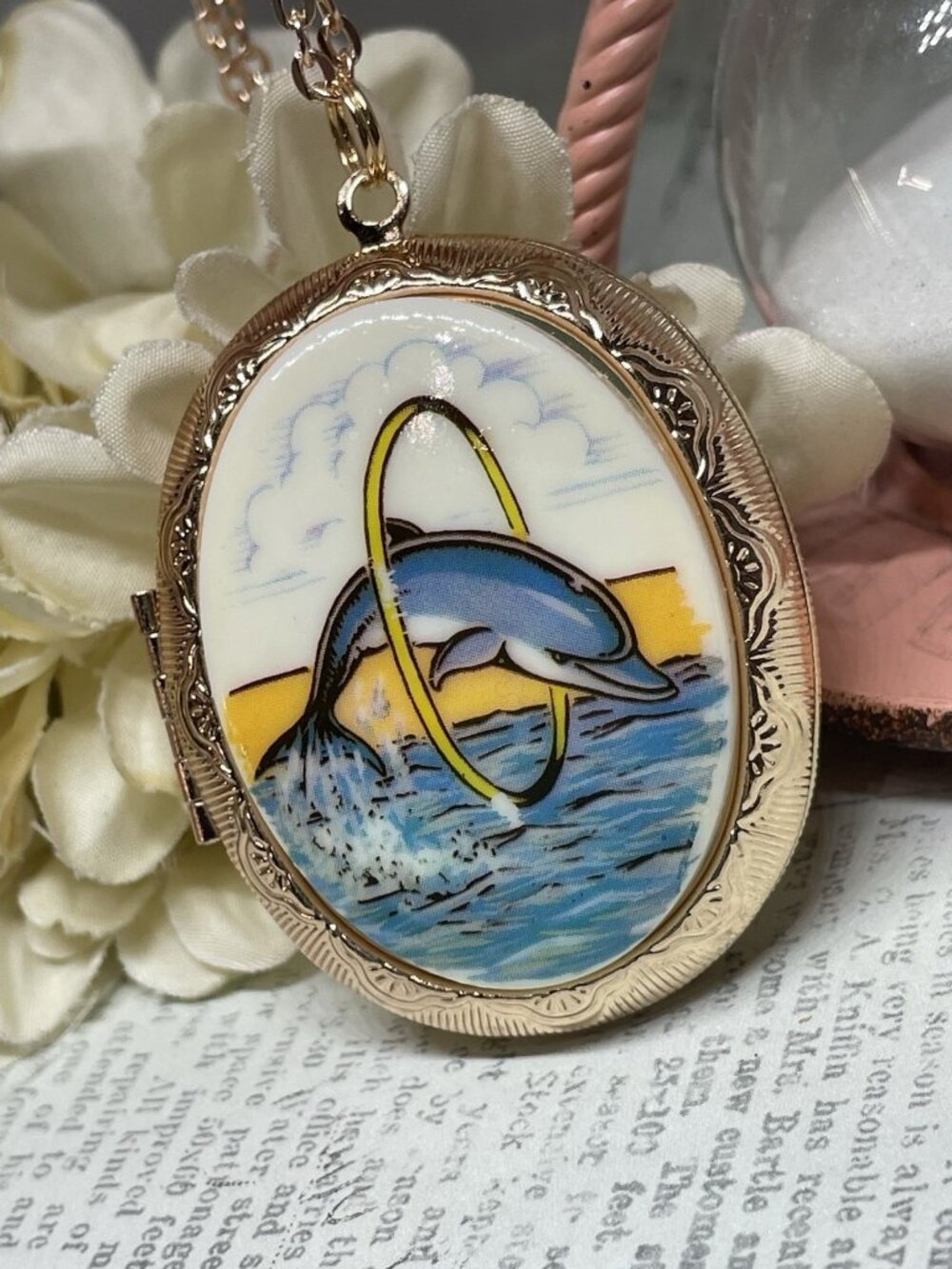 ROSE gold Necklace Beach Dolphin Porpoise locket Wedding Photo Jewelry birthday